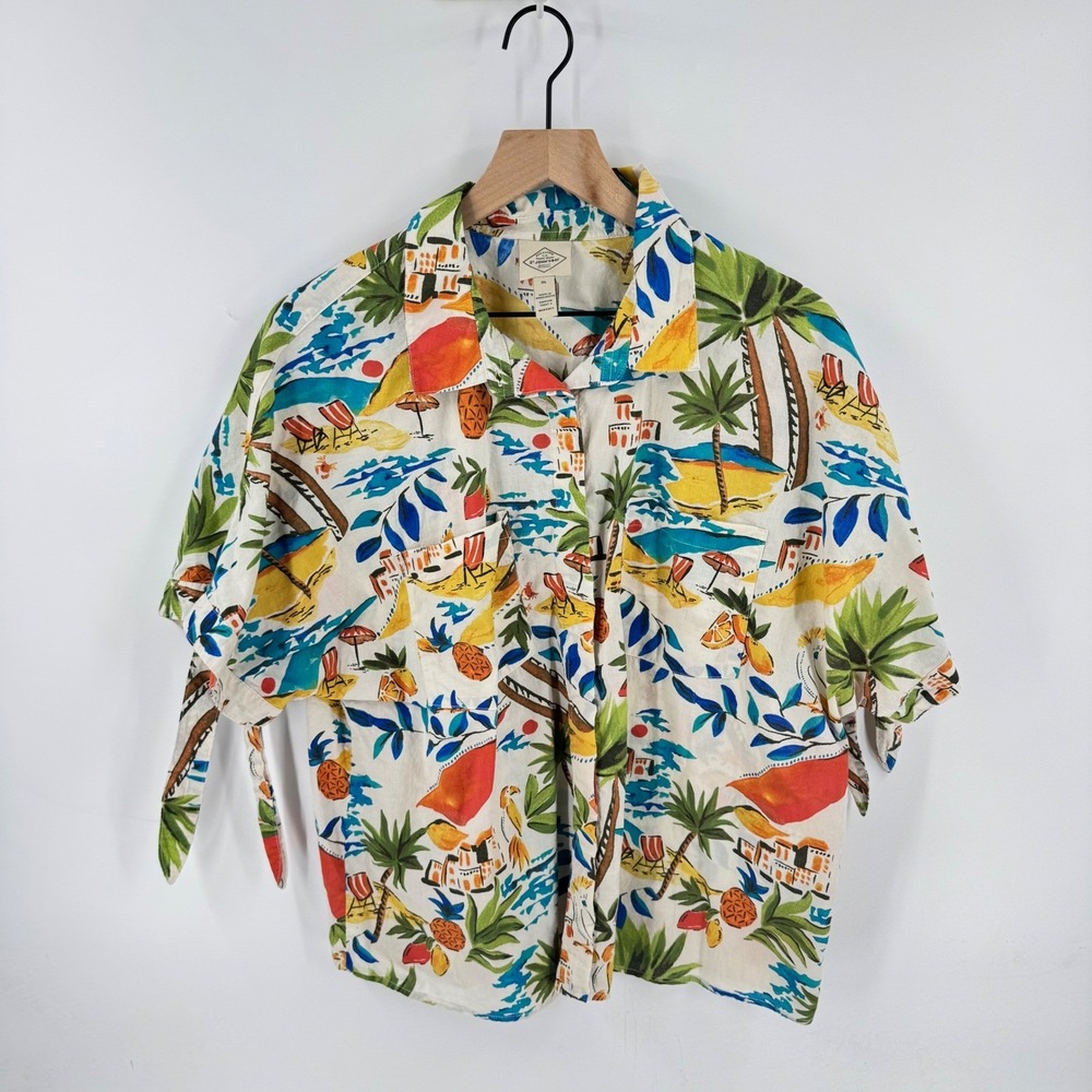 St. John's Bay Tropical Print Tie Sleeve Button Front Camp Shirt Size XL